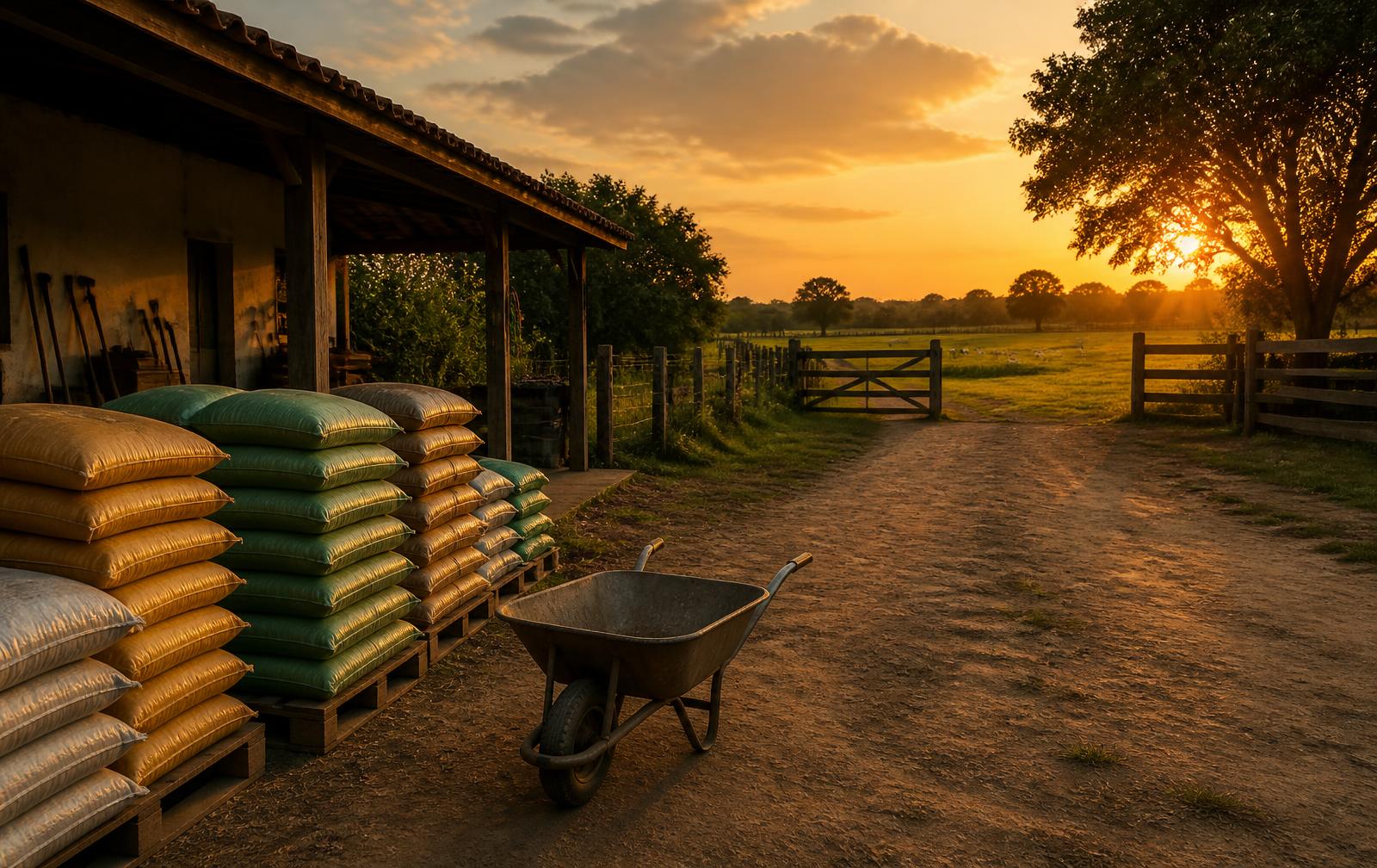Sacarias de ração e ferramentas em um pátio de agropecuária no fim da tarde